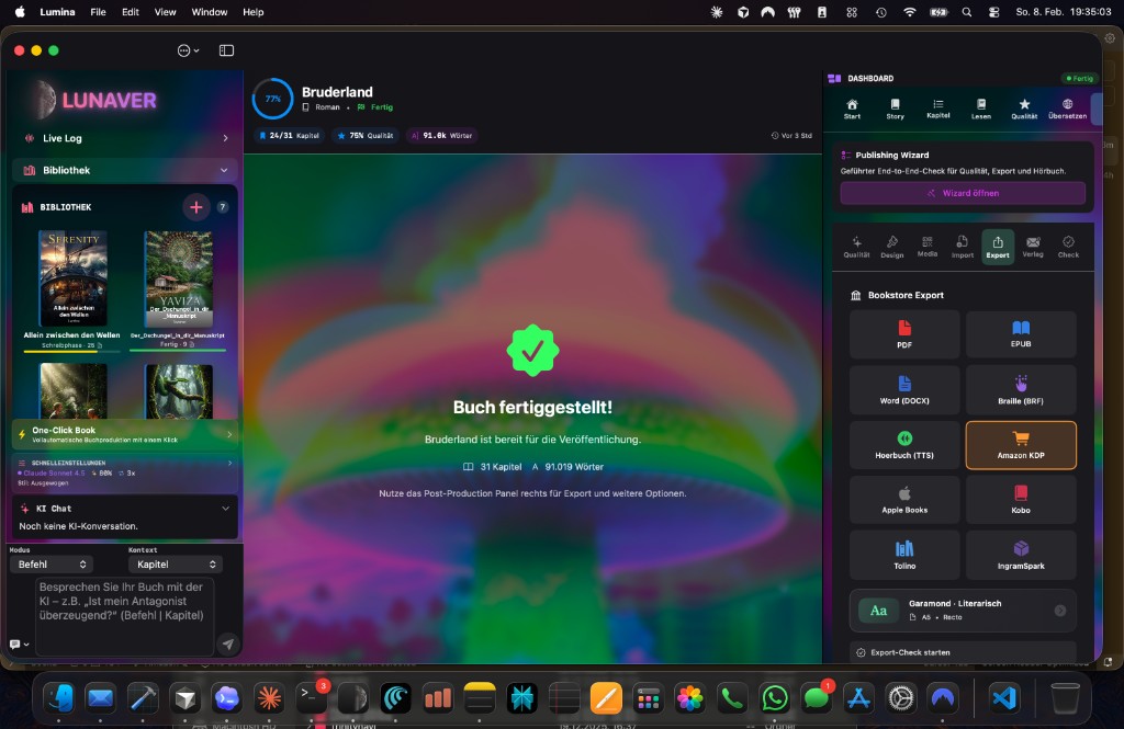 LUNAVER – Bibliothek mit Büchern, Bruderland fertiggestellt, Export-Optionen, Publishing Wizard